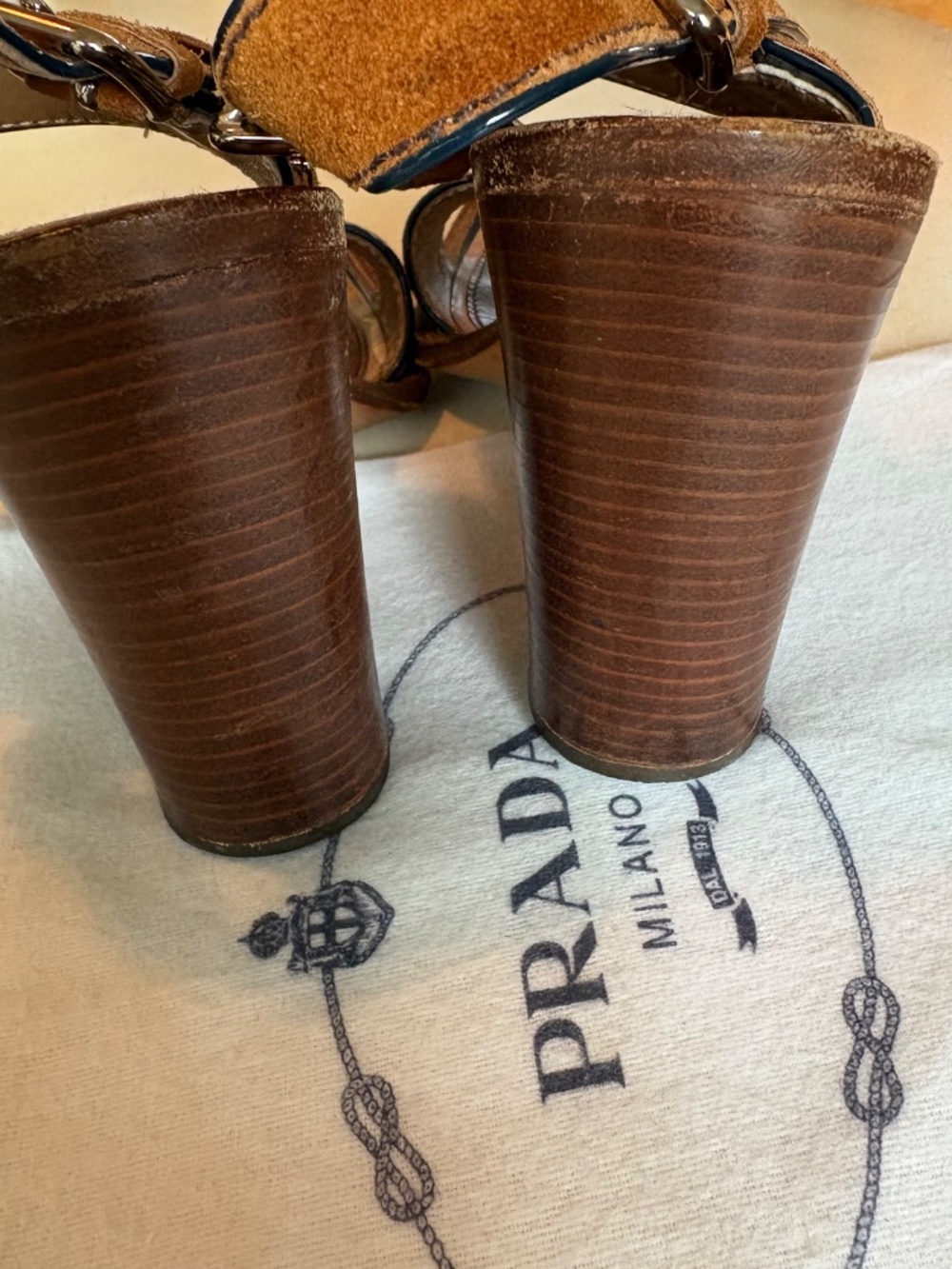 Prada Stacked Heel Sandals Size 37.5 (7.5 US) Brown Suede excellent condition - Picture 4 of 8